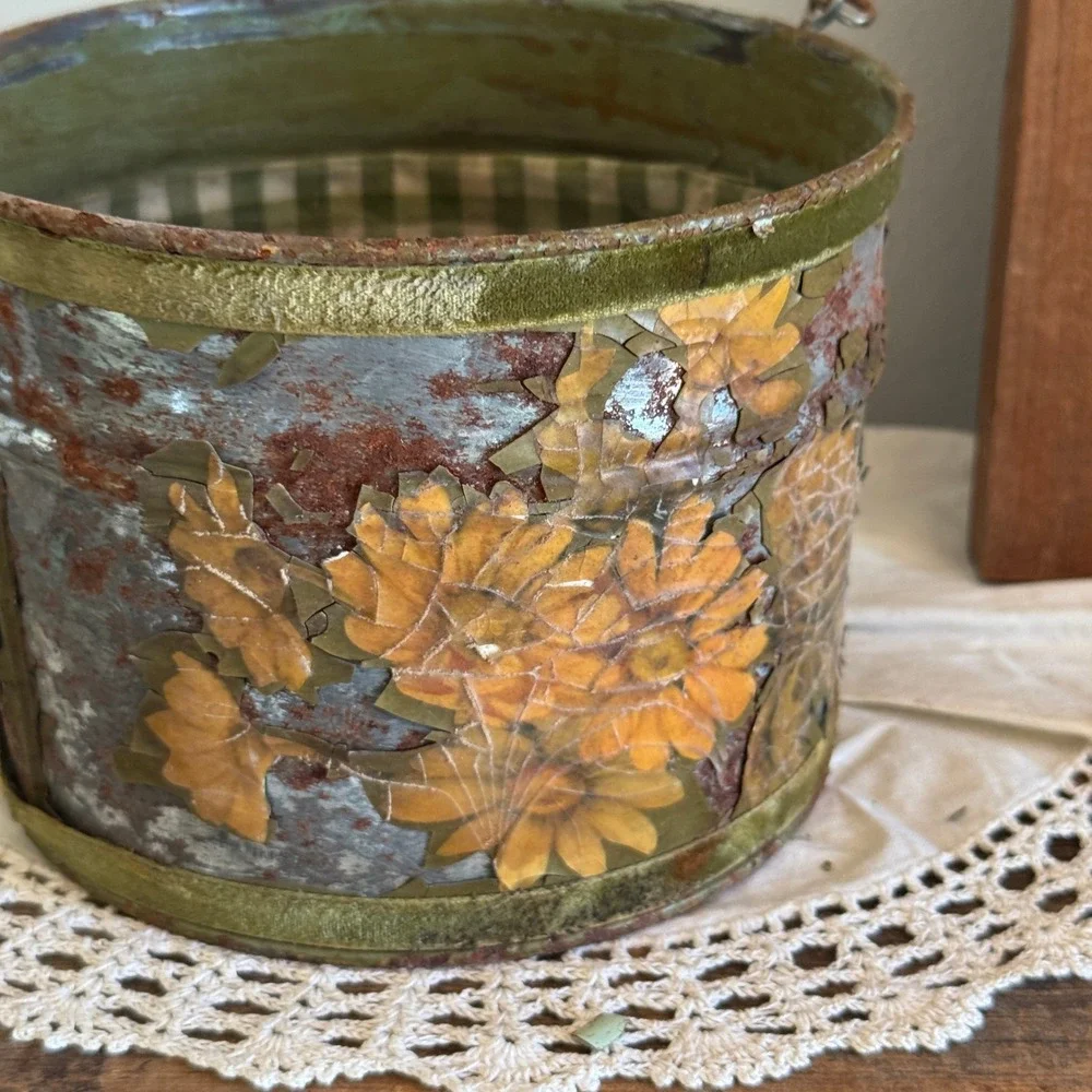 Vintage Primitive Metal Bucket Floral Tin Gingham Lined Rustic Farmhouse Decor